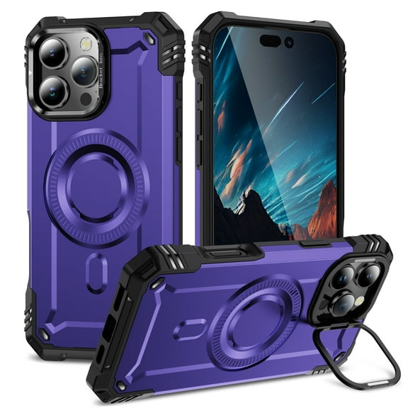 TECH CIRCLE for iPhone 15 Hybrid Case Compatible with MagSafe with Metal Camera Stand Magnetic Ring, Heavy Duty Rugged Silicone&PC Military Grade Shockproof Cover for Men Boys,Purple