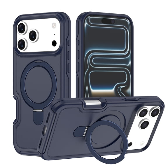 TECH CIRCLE For iPhone 15 PC+TPU Ring Case with Metal Kickstand, Magnetic Mount, Shock-Absorbent, Qi Wireless Charging, Lightweight Non-Slip Matte Heavy Duty Protection,Darkblue