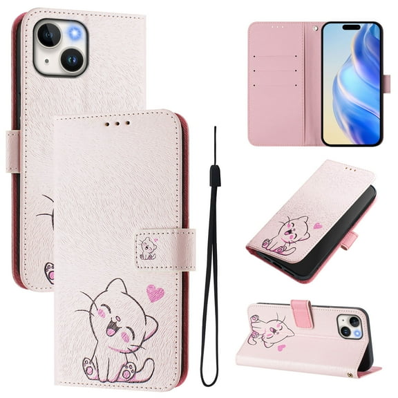 TECH CIRCLE for iPhone 15 Plus Case 6.7-Inch (2023 Release), Cute Cartoon Flip Wallet Phone Case with Lanyard, Built-in Card Slots & Stand Function, Portable Lightweight Slim Folio Cover, Pink Cat