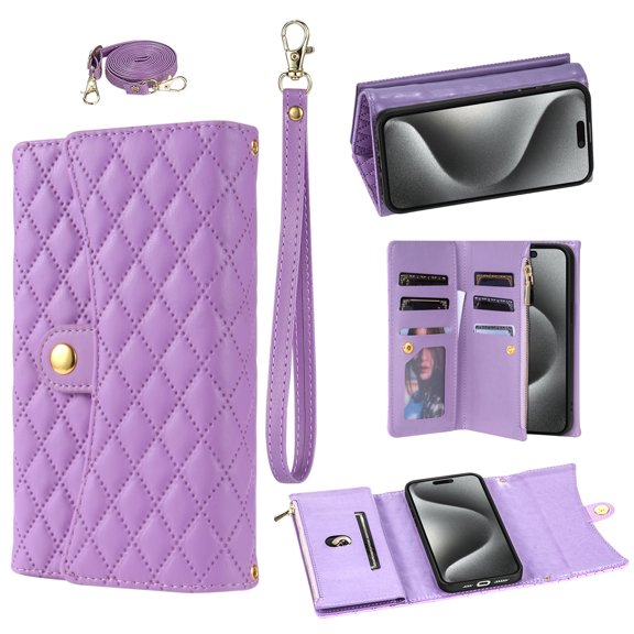 TECH CIRCLE For iPhone 15 Plus Case,Credit Card Holder Zipper Book Flip Kickstand PU Leather Protective Handbag Purse Cover with Wrist Strap Lanyard for Apple iPhone 15 Plus 6.7" 2023,Purple