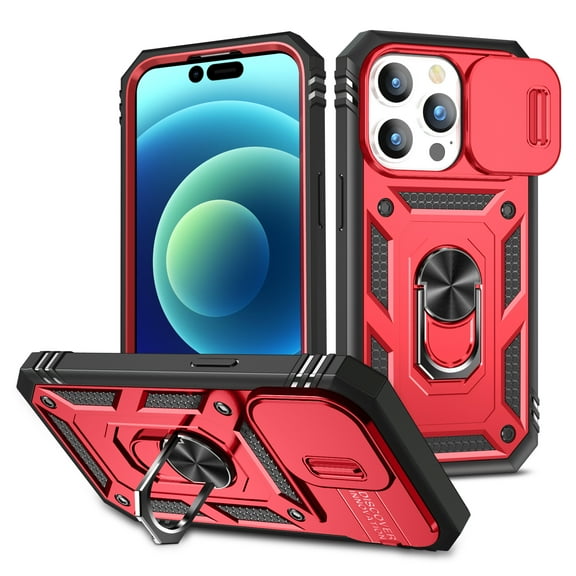 TECH CIRCLE For iPhone 15 Plus Case, Slim Heavy Duty Rugged Hybird Shockproof Anti-Slip Magnetic Ring Stand Slide Len Protective Card Slot Case for Apple iPhone 15 Plus 6.7" 2023,Red/Black