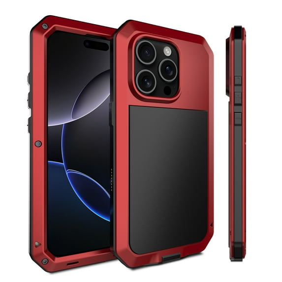 TECH CIRCLE for iPhone 15 Plus PC+TPU Case, Metal Heavy Duty Shockproof Tough Rugged Aluminum Alloy Case with Glass Screen Protector,360 Full Body Water-Resistant Strong Protective Cover,Red