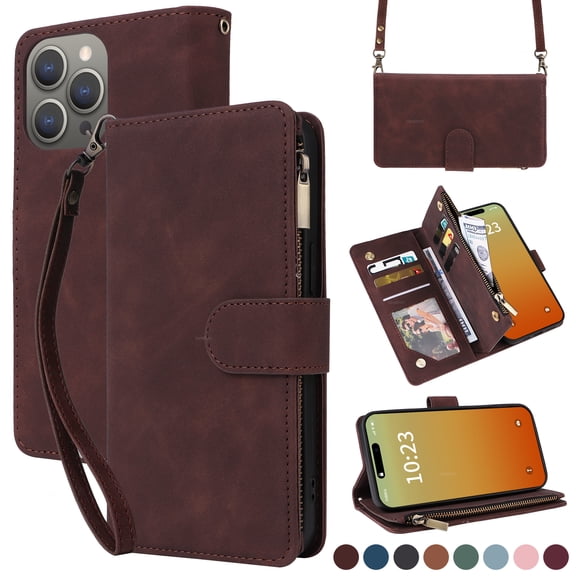 TECH CIRCLE For iPhone 15 PlusCase Wallet,Retro PU Leather Crossbody Wristlet Strap Flip Case with Card Holder Magnetic Closure Kickstand Zipper Pocket case forApple iPhone 15 Plus 6.7" 2023,Coffee