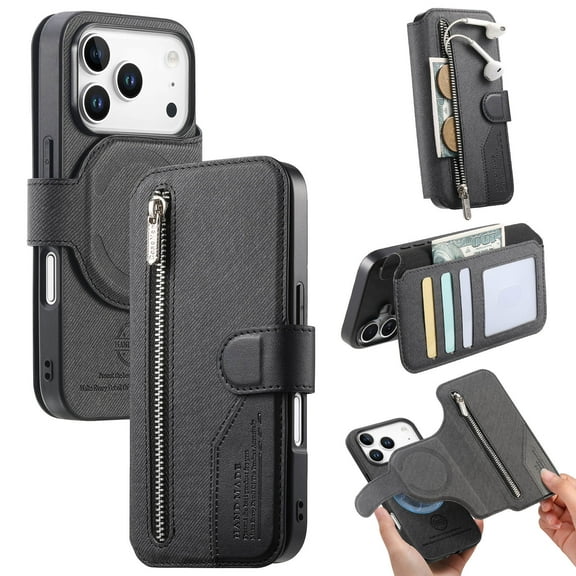 TECH CIRCLE For iPhone 15 Pro Case, 2-in-1 Detachable Magnetic Flip Wallet Case with Card Slots/Zipper Pocket, RFID Blocking PU Leather Flip Cover, Compatible with MagSafe, Protective Case, Black
