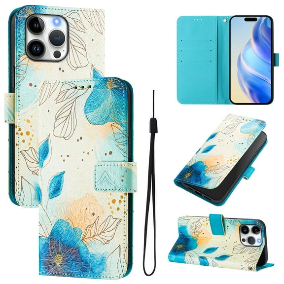 TECH CIRCLE for iPhone 15 Pro Case 6.1" (2023 Release), Cute Cartoon Flip Wallet Phone Case with Lanyard, Built-in Card Slots & Stand Function, Portable Lightweight Slim Folio Cover, Blue Flower
