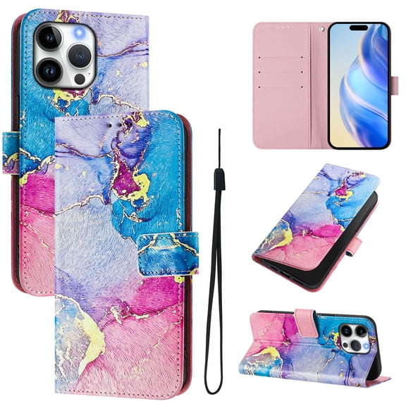 TECH CIRCLE for iPhone 15 Pro Case 6.1-Inch (2023 Release), Cute Cartoon Flip Wallet Phone Case with Lanyard, Built-in Card Slots & Stand Function, Portable Lightweight Slim Folio Cover, Marble