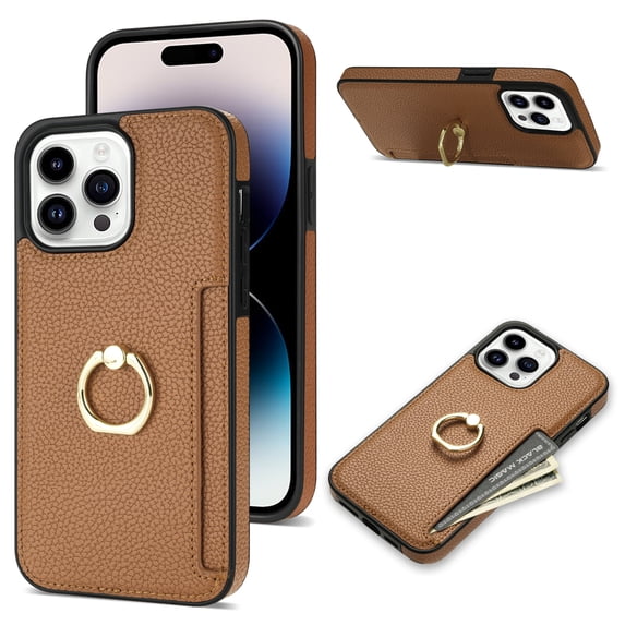 TECH CIRCLE For iPhone 15 Pro Case,PU Leather Slim Card Slots Case 360°Rotatable Ring Kickstand Shockproof Protective Women Men Case for Apple iPhone 15 Pro 6.1" 2023,Brown