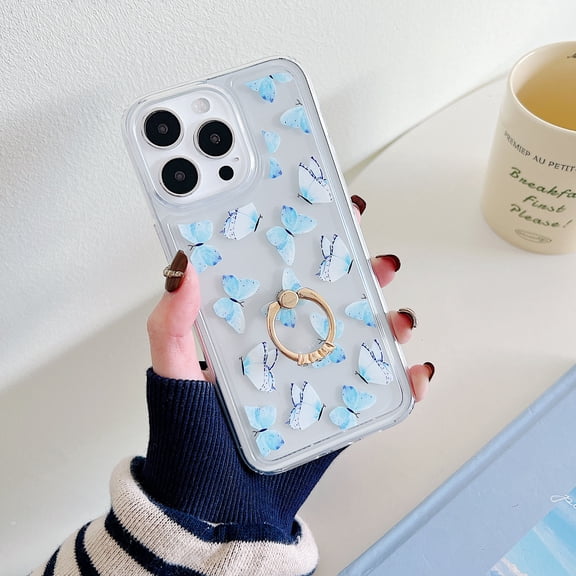 TECH CIRCLE For iPhone 15 Pro Max Case, 360 Rotating Ring Holder Kickstand Soft Slim Shockproof Protective TPU Girls Women Clear Cute Case for Apple iPhone 15 Pro Max 2023,Lightblue Butterfly