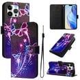 thumbnail image 1 of TECH CIRCLE for iPhone 15 Pro Max Case 6.7-Inch (2023 Release), Cute Cartoon Flip Wallet Phone Case with Lanyard, Built-in Card Slots & Stand Function, Portable Lightweight Cover, Purple Butterfly, 1 of 3
