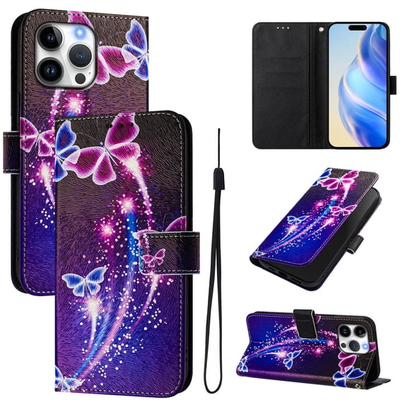 TECH CIRCLE for iPhone 15 Pro Max Case 6.7-Inch (2023 Release), Cute Cartoon Flip Wallet Phone Case with Lanyard, Built-in Card Slots & Stand Function, Portable Lightweight Cover, Purple Butterfly