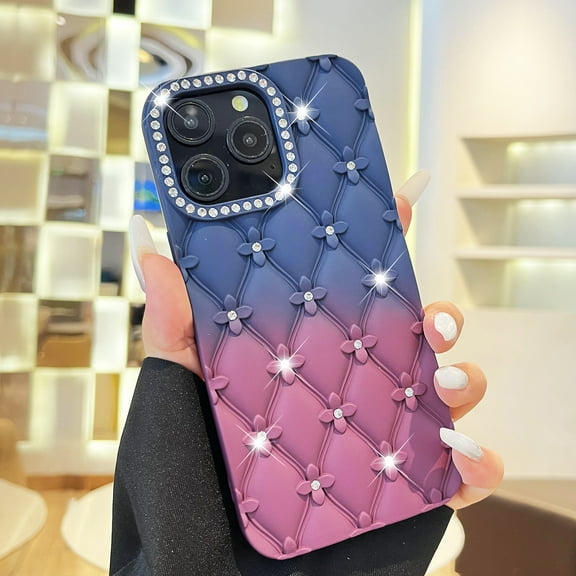 TECH CIRCLE For iPhone 15 Pro Max Glitter Case, Gradient Soft Silicone Protective Cover with 3D Flower Pattern, Sparkling Rhinestone Camera Frame, Lightweight Shockproof Case for Women, Blue Purple