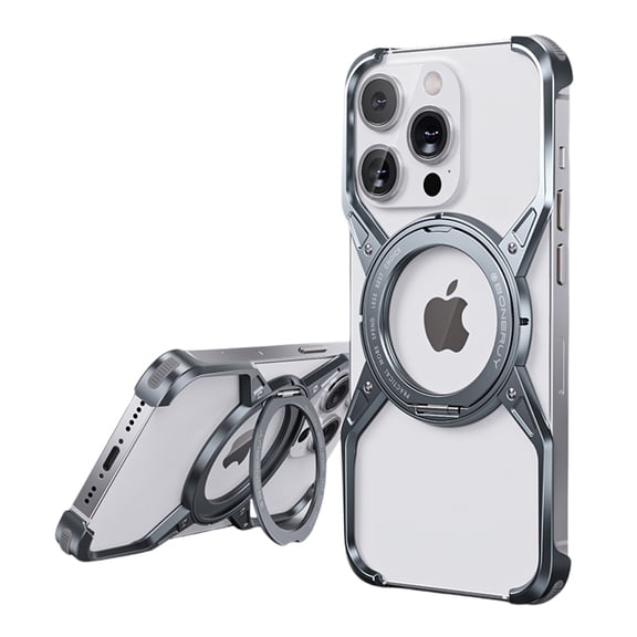 TECH CIRCLE For iPhone 15 Pro Max Rugged Metal Frameless Case with 360 Rotating Ring Kickstand, Military Grade Shockproof, Anti-Scratch, Lightweight Protective Cover, Heat Dissipation,Gray