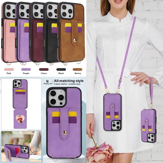 TECH CIRCLE for iPhone 15 Pro Max Wallet Case 6.7" 2023, PU Leather Back Cover Case with Stand Function, Built-in Card Slots & Mirror, Portable Lightweight Case with Shoulder Strap & Lanyard, Purple
