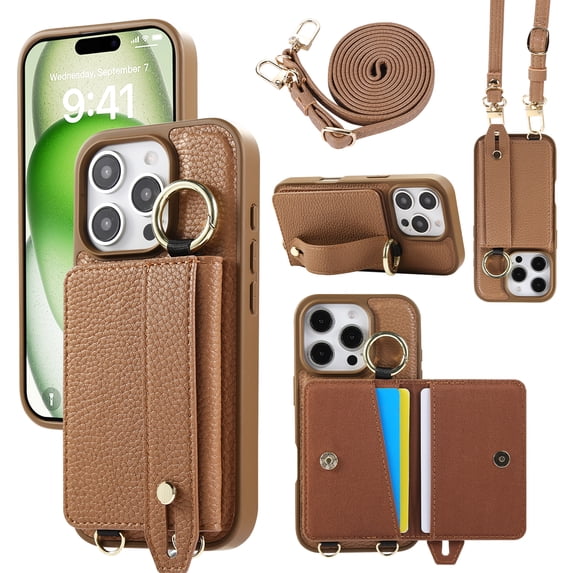 TECH CIRCLE for iPhone 15 Pro Max Wallet Case with Card Holder, Lanyard Wrist Strap Loop Holder Kickstand RFID Blocking Finger Grip Ring PU Leather Shockproof Cover for iPhone 15 Pro Max 6.7",Brown