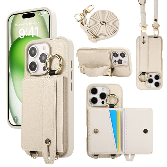 TECH CIRCLE for iPhone 15 Pro Max Wallet Case with Card Holder, Lanyard Wrist Strap Loop Holder Kickstand RFID Blocking Finger Grip Ring PU Leather Shockproof Cover for iPhone 15 Pro Max 6.7",White