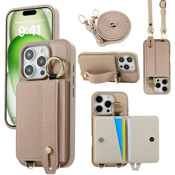 TECH CIRCLE for iPhone 15 Pro Max Wallet Case with Card Holder, Lanyard Wrist Strap Loop Holder Kickstand RFID Blocking Finger Grip Ring PU Leather Shockproof Cover for iPhone 15 Pro Max 6.7",Khaki