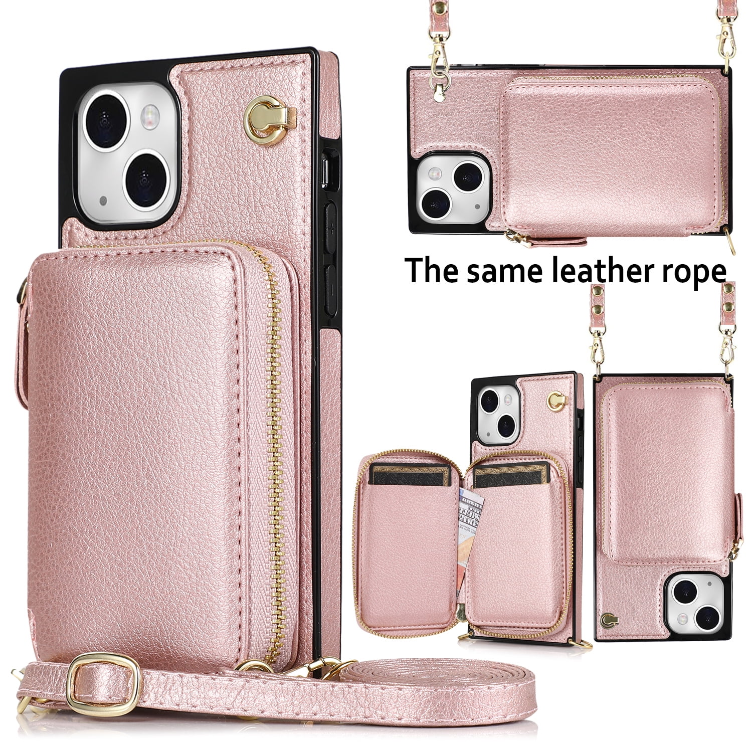 TECH CIRCLE For iPhone 15 Pro Max Wallet Case,Card Holder Phone Case for Women, Zipper PU Leather Purse Kickstand Folio Flip Case with Crossbody Strap for Apple iPhone 15 Pro Max 6.7" 2023,Rosegold