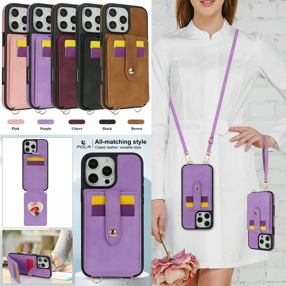 TECH CIRCLE for iPhone 15 Pro Wallet Case 6.1" 2023, PU Leather Back Cover Case with Stand Function, Built-in Card Slots & Mirror, Portable Lightweight Case with Shoulder Strap & Lanyard, Purple