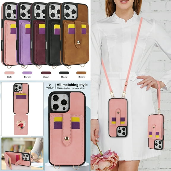 TECH CIRCLE for iPhone 15 Pro Wallet Case 6.1" 2023, PU Leather Back Cover Case with Stand Function, Built-in Card Slots & Mirror, Portable Lightweight Case with Shoulder Strap & Lanyard, Pink