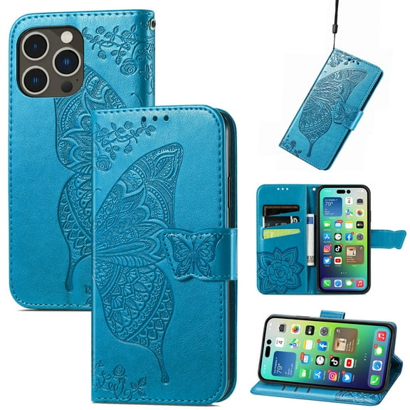 TECH CIRCLE For iPhone 15 Pro Wallet Case,Butterfly Flower Folio Flip Case Magnetic Closure RFID Blocking Card Slots Kickstand Shockproof Protective Case for Apple iPhone 15 Pro 6.1" 2023,Blue