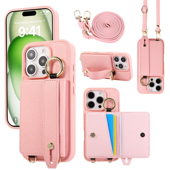 TECH CIRCLE for iPhone 15 Pro Wallet Case with Card Holder, Lanyard Wrist Strap Loop Holder Kickstand RFID Blocking Finger Grip Ring PU Leather Shockproof Cover for iPhone 15 Pro 6.1",Pink