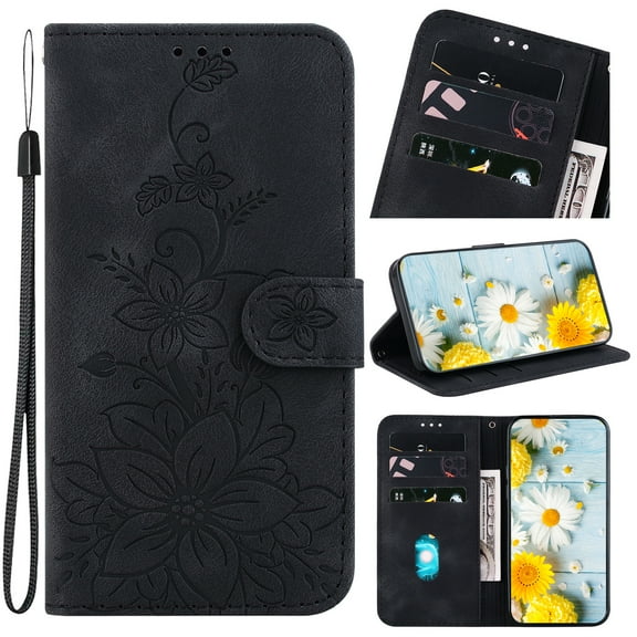 TECH CIRCLE For iPhone 15 Pro Wallet Case for Women, Premium PU Leather Floral Flip Cover with Card Holder, Kickstand Feature Protective Purse Case for Apple iPhone 15 Pro 6.1" 2023,Black