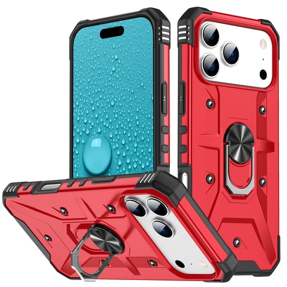 TECH CIRCLE for iPhone 15 Rugged Shockproof Phone Case with Rotating Finger Ring Holder Kickstand, Compatible with Magnetic Car Mount, Slim Fit Lightweight Protective Hard Shell Cover, Red