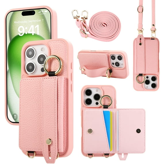 TECH CIRCLE for iPhone 15 Wallet Case with Card Holder, Lanyard Wrist Strap Loop Holder Kickstand RFID Blocking Finger Grip Ring PU Leather Shockproof Cover for iPhone 15 6.1",Pink