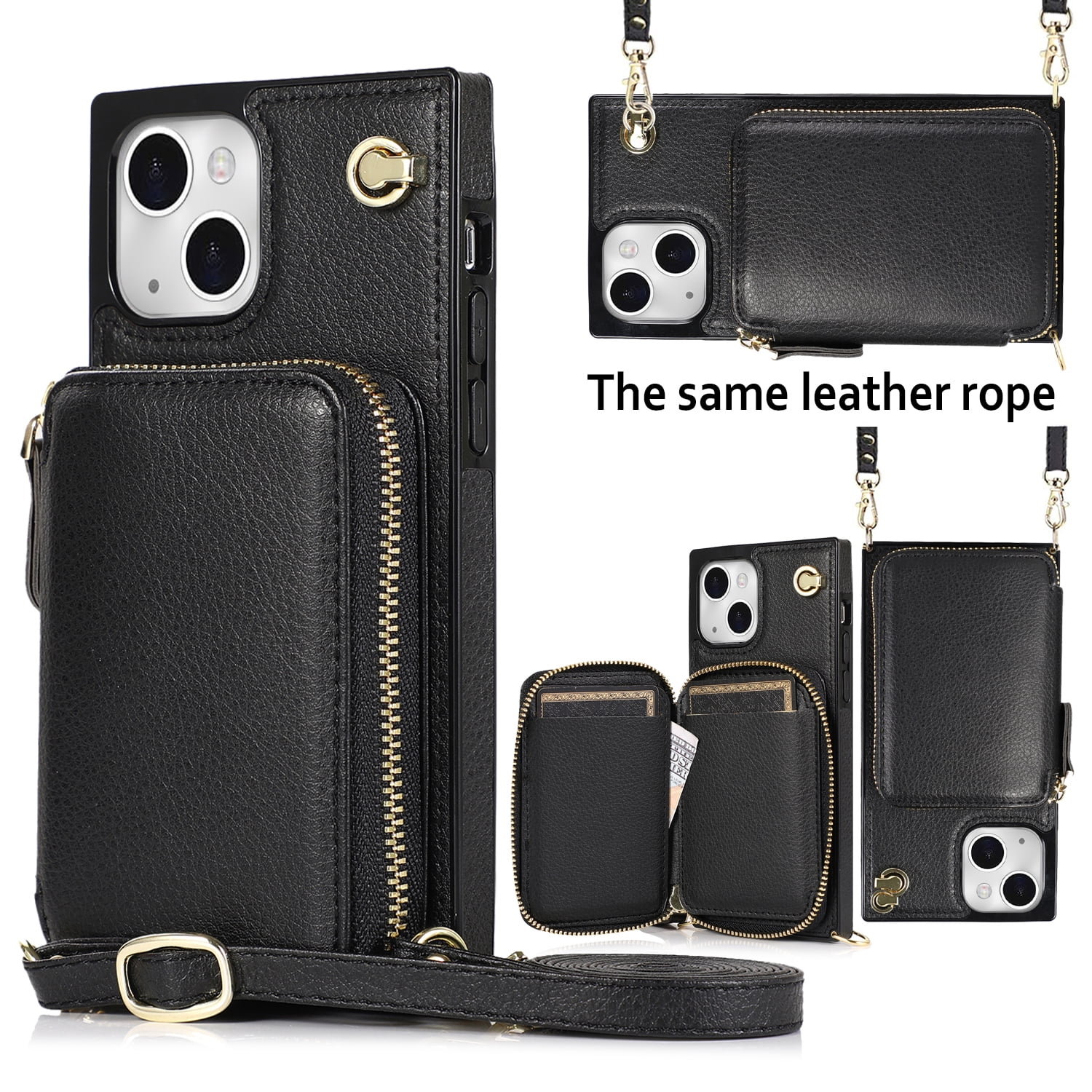 TECH CIRCLE For iPhone 15 Wallet Case,Card Holder Phone Case for Women, Zipper PU Leather Purse Kickstand Folio Flip Case with Crossbody Strap for Apple iPhone 15 6.1" 2023,Black