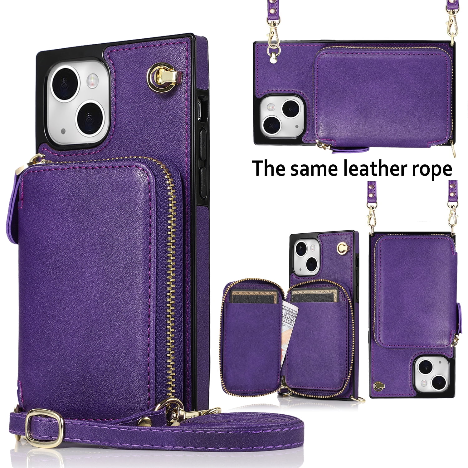 TECH CIRCLE For iPhone 15 Wallet Case,Card Holder Phone Case for Women, Zipper PU Leather Purse Kickstand Folio Flip Case with Crossbody Strap for Apple iPhone 15 6.1" 2023,Purple