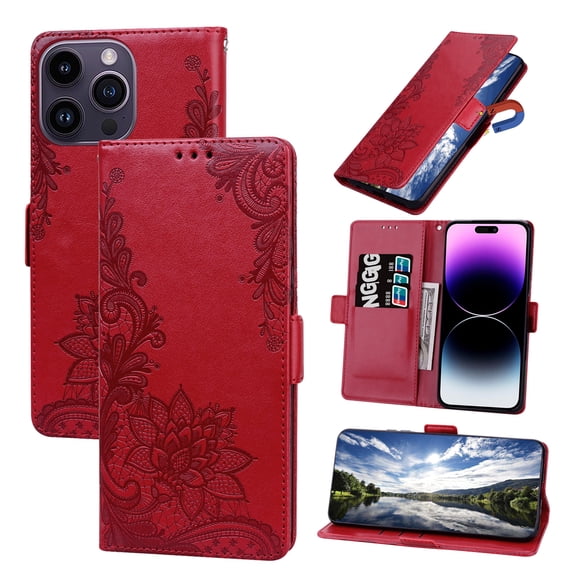 TECH CIRCLE For iPhone 15 Wallet Case,PU Leather Protective Phone Case Wrist Strap Card Slots Holder Embossed Lace Flower Stand Flip Case for Apple iPhone 15 6.1" 2023,Red