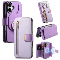TECH CIRCLE for iPhone 16 2-in-1 Phone Case 6.1" 2024, Magnetic Back Cover with Removable Flip Wallet Case, with Card Slots/Ring Holder Grip, Compatible with MagSafe, PU Leather Case, Purple