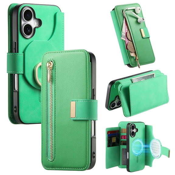 TECH CIRCLE for iPhone 16 2-in-1 Phone Case 6.1" 2024, Magnetic Back Cover with Removable Flip Wallet Case, with Card Slots/Ring Holder Grip, Compatible with MagSafe, PU Leather Case, Green