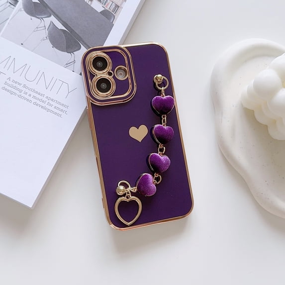 TECH CIRCLE for iPhone 16 Case,Luxury Cute Love Heart Plating Wrist Strap Chain Bracelet Shockproof Protective Soft Bumper Women Girls Case for Apple iPhone 16 6.1 inch 2024,Darkpurple
