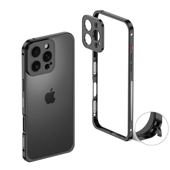 TECH CIRCLE for iPhone 16 Metal Bumper Protection Case, Aviation Aluminum Alloy Frame Shockproof, No Back Cover Design Heat Dissipation with Camera Lens Protector,Black