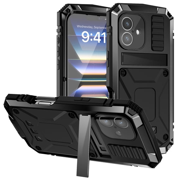 TECH CIRCLE for iPhone 16 Metal Rugged TPU Case with Kickstand Built-in Screen Protector Camera Cover Sturdy Military Armor Durable Full Body Heavy Duty Shockproof  Waterproof,Black