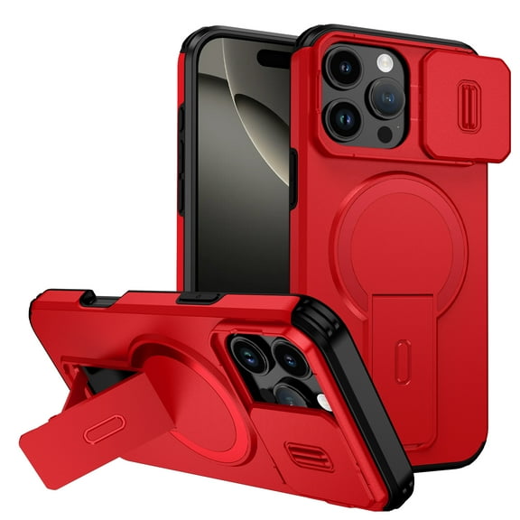TECH CIRCLE For iPhone 16 PC+TPU Case with Sliding Camera Cover, Magnetic Wireless Charging, Adjustable Kickstand, Rugged Anti-Scratch Shockproof Heavy Duty Cover,Red