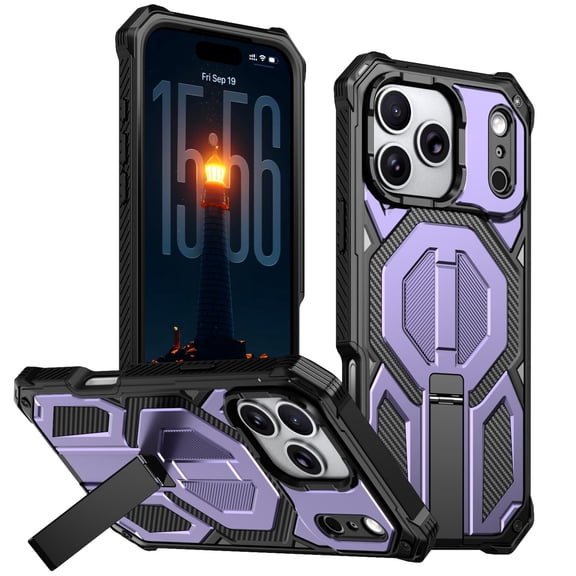 TECH CIRCLE For iPhone 16 PC+TPU Magnetic Case, Full Body Shock-Absorbent,Metal Invisible KickStand,Compatible with MagSafe Military Grade Heavy Duty Rugged Bumper Cover,Purple