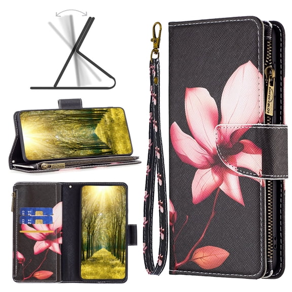 TECH CIRCLE iPhone 16 Plus 2024 Wallet Case,Premium PU Leather Zipper Card Slot Wrist Strap Magnetic Closure Kickstand Carrying Pouch Protective Case for Apple iPhone 16 Plus 6.7", Lotus