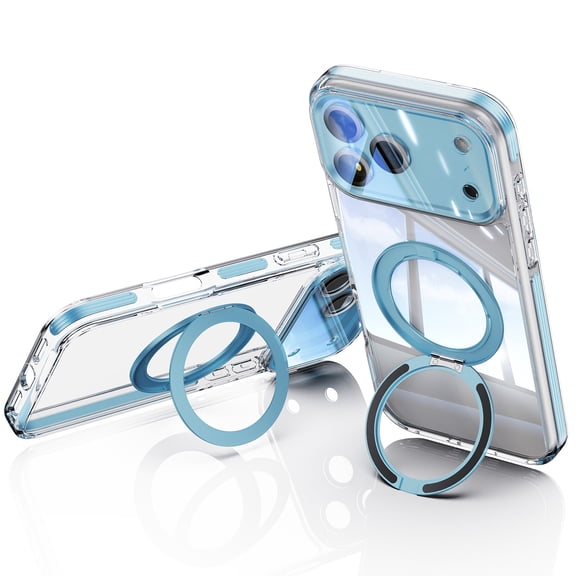 TECH CIRCLE For iPhone 16 Plus (6.7") Magnetic Clear Case with Rotating Ring Kickstand, Tempered Glass Camera Cover (Full Coverage Design), MagSafe-Compatible, Protective Transparent Cover, Blue
