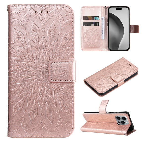 TECH CIRCLE for iPhone 16 Plus Case 6.7" 2024, PU Leather Flip Wallet Case with Stand Function, Built-in Card Slots & Cash Pocket, Lightweight Protective Cute Flower Cover with Lanyard, Rosegold