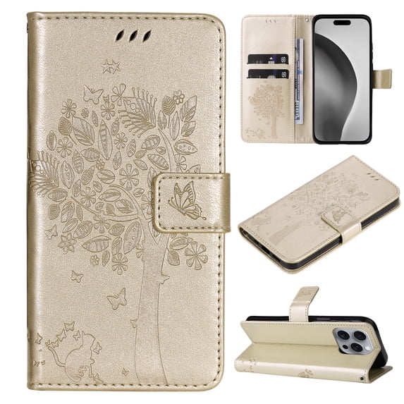 TECH CIRCLE for iPhone 16 Plus Case 6.7" 2024, PU Leather Flip Wallet Case with Stand Function, Built-in Card Slots & Cash Pocket, Lightweight Protective Slim Cute Handy Cover with Lanyard, Gold