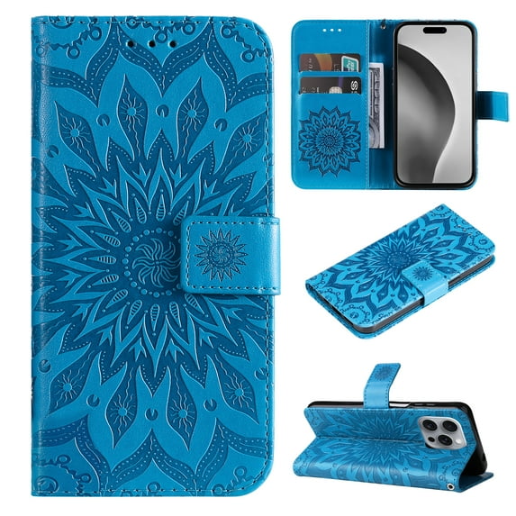 TECH CIRCLE for iPhone 16 Plus Case 6.7" 2024, PU Leather Flip Wallet Case with Stand Function, Built-in Card Slots & Cash Pocket, Lightweight Protective Slim Cute Flower Cover with Lanyard, Blue