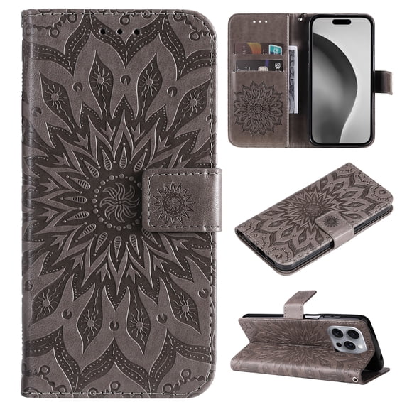 TECH CIRCLE for iPhone 16 Plus Case 6.7" 2024, PU Leather Flip Wallet Case with Stand Function, Built-in Card Slots & Cash Pocket, Lightweight Protective Slim Cute Flower Cover with Lanyard, Gray