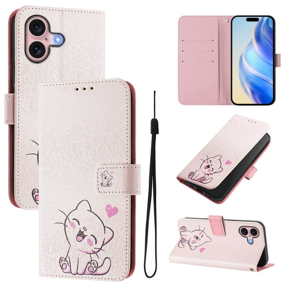 TECH CIRCLE for iPhone 16 Plus Case 6.7-Inch (2024 Release), Cute Cartoon Flip Wallet Phone Case with Lanyard, Built-in Card Slots & Stand Function, Portable Lightweight Slim Folio Cover, Pink Cat