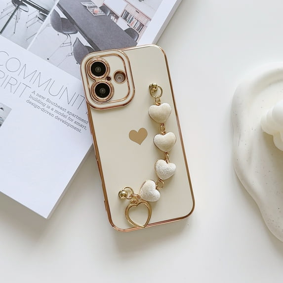 TECH CIRCLE for iPhone 16 Plus Case,Luxury Cute Love Heart Plating Wrist Strap Chain Bracelet Shockproof Protective Soft Bumper Women Girls Case for Apple iPhone 16 Plus 6.7 inch 2024,White