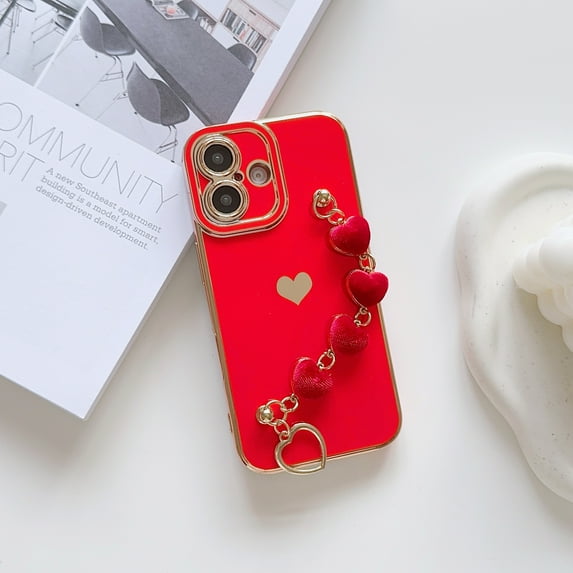 TECH CIRCLE for iPhone 16 Plus Case,Luxury Cute Love Heart Plating Wrist Strap Chain Bracelet Shockproof Protective Soft Bumper Women Girls Case for Apple iPhone 16 Plus 6.7 inch 2024,Red