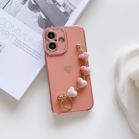 TECH CIRCLE for iPhone 16 Plus Case,Luxury Cute Love Heart Plating Wrist Strap Chain Bracelet Shockproof Protective Soft Bumper Women Girls Case for Apple iPhone 16 Plus 6.7 inch 2024,Pink