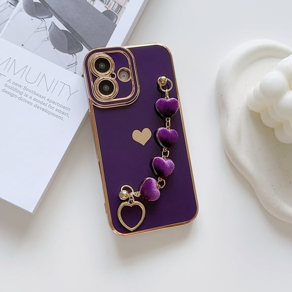 TECH CIRCLE for iPhone 16 Plus Case,Luxury Cute Love Heart Plating Wrist Strap Chain Bracelet Shockproof Protective Soft Bumper Women Girls Case for Apple iPhone 16 Plus 6.7 inch 2024,Darkpurple