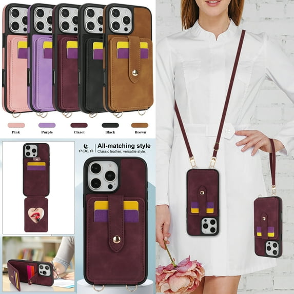 TECH CIRCLE for iPhone 16 Plus Wallet Case 6.7" 2024, PU Leather Back Cover Case with Stand Function, Built-in Card Slots & Mirror, Portable Lightweight Case with Shoulder Strap & Lanyard, Winered